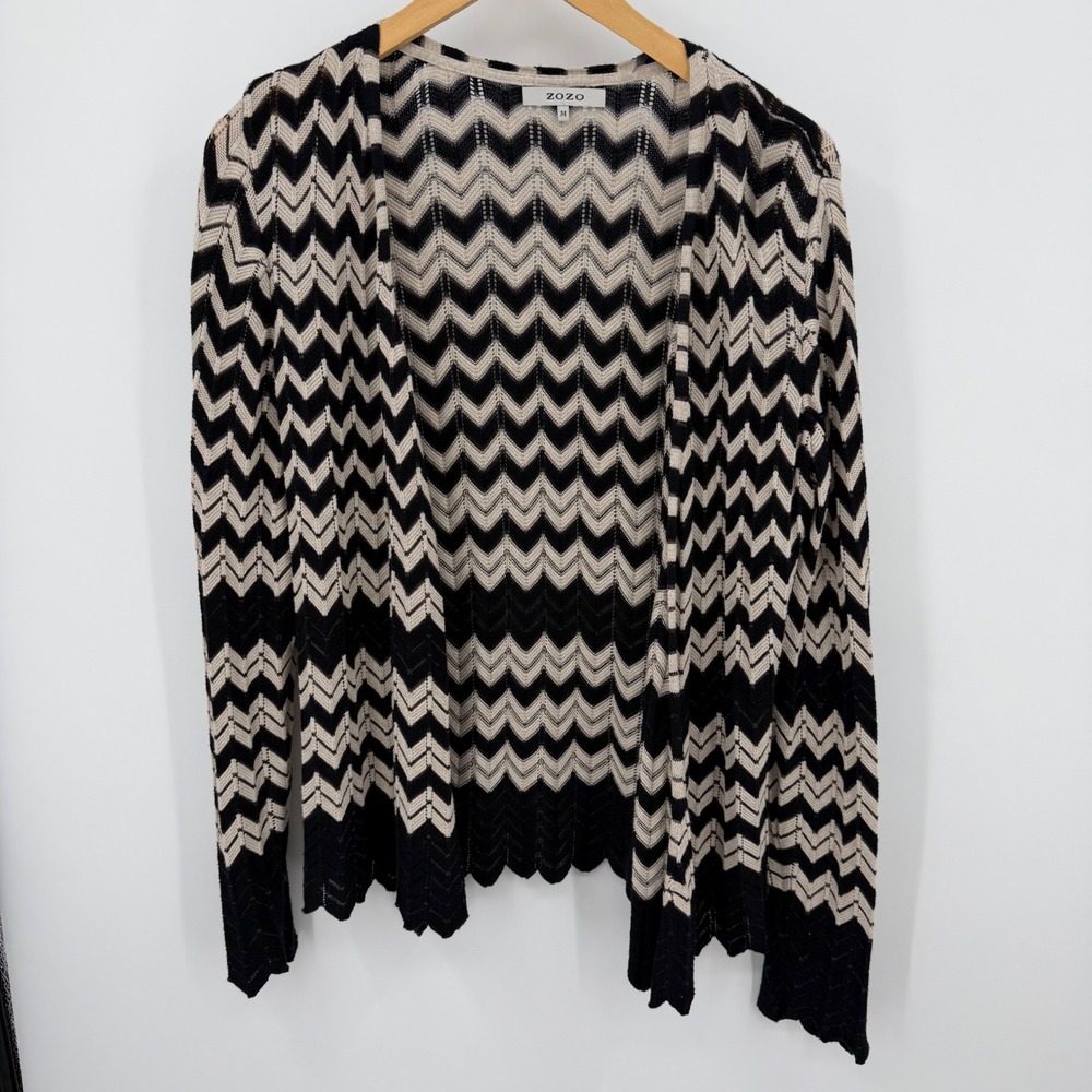 ZOZO Women Black Cream Chevron Zigzag Open Front Cardigan Sweater Sz M Academic